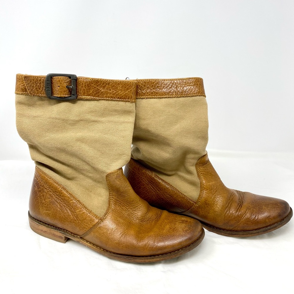 Frye 77249 Paige Shortie Brown Leather Canvas Western Boots
